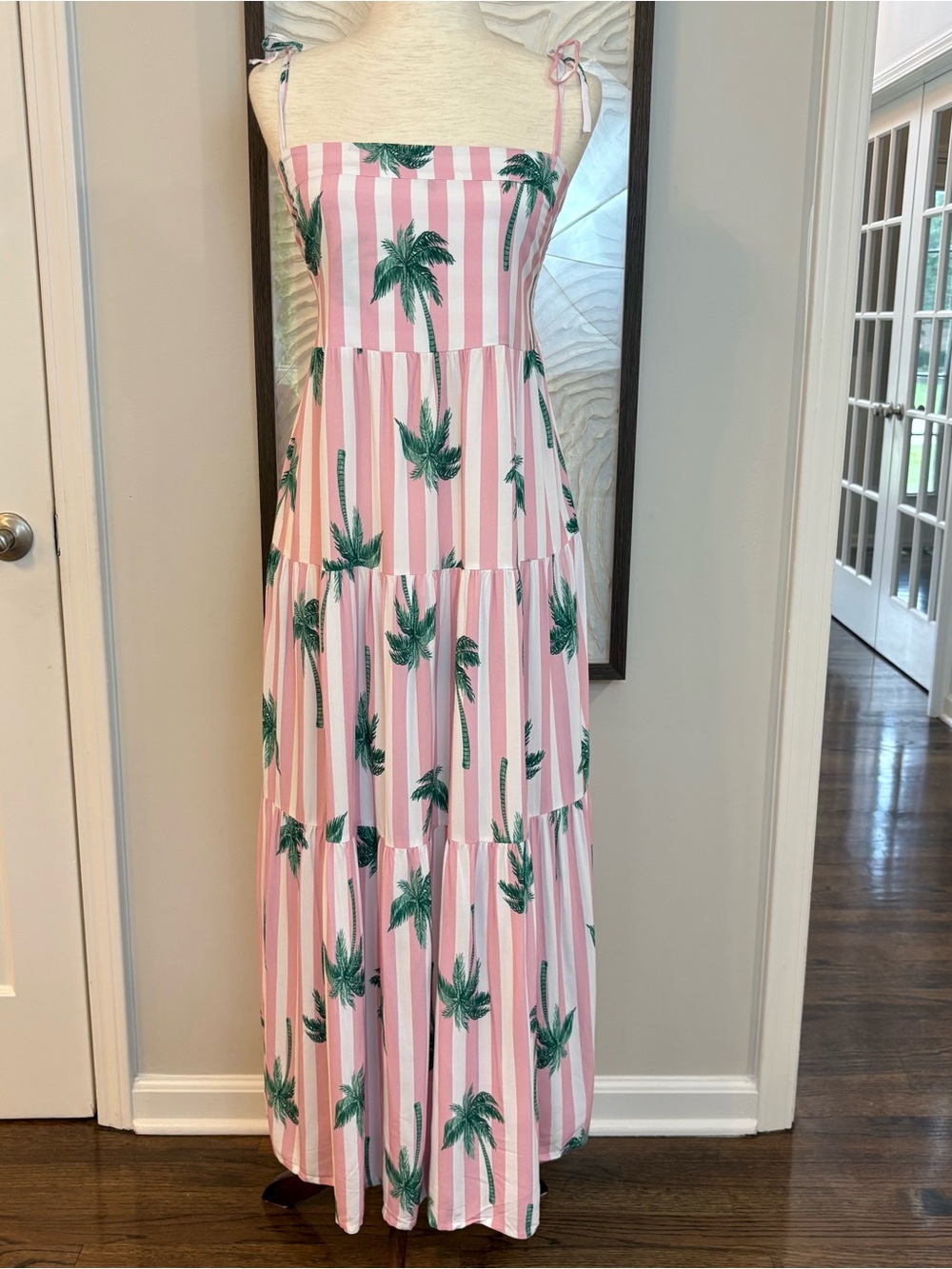 Kenny Flowers Pink & White Stripe Maxi Dress with Green Palm Print